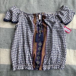NWT: Cinched Off the Shoulder Flowy Printed Blouse